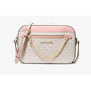Michael Kors Womens Pink Blush Cream Jet Set Large Logo Crossbody Bag New